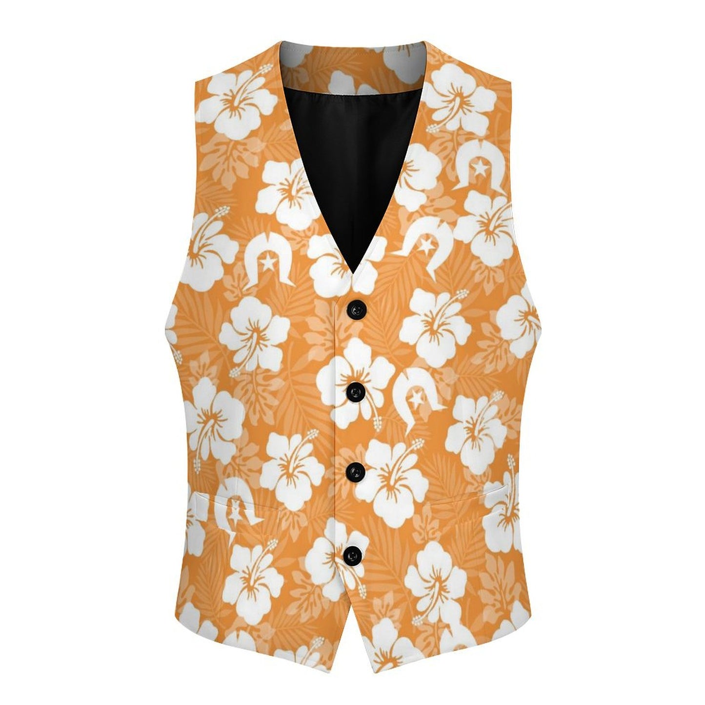White Hibiscus flowers with Dhari (Orange) on Men's Sleeveless Suit Vest