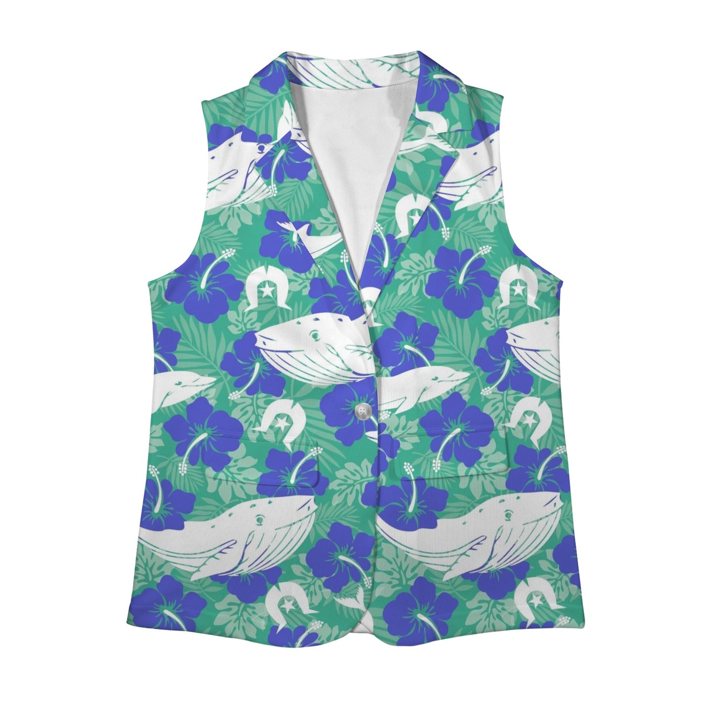 Royal Blue Hibiscus flowers with Whale, Dolphin and Dhari on Women Sleeveless Suit Vest