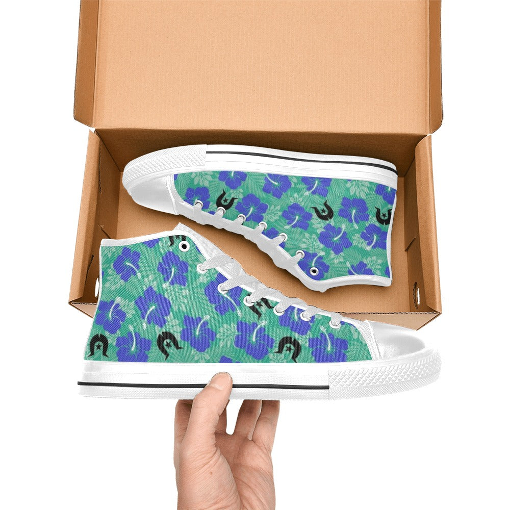 Royal Blue Hibiscus flowers with Black Dhari on Women's High Top Canvas Shoes