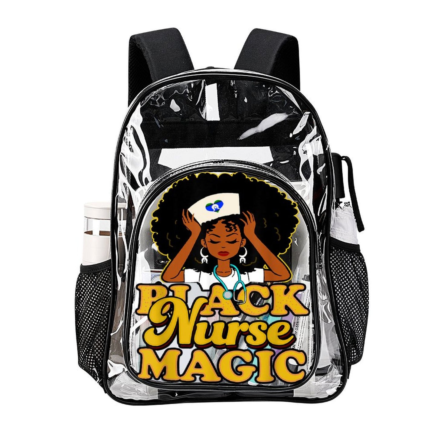 Black Nurse Magic with heart shaped Torres Strait flag on Clear Backpack