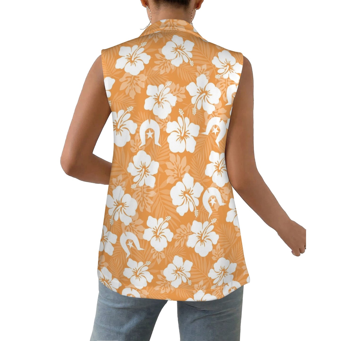 White Hibiscus flowers with Dhari (Orange) on Women Sleeveless Suit Vest