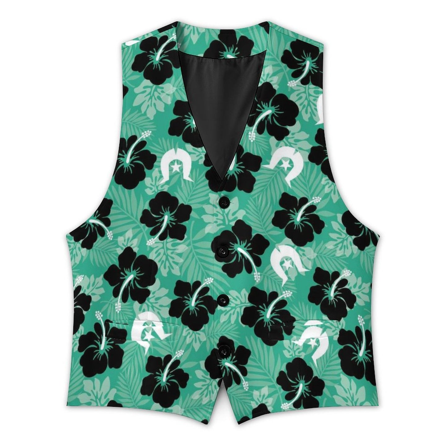 Black Hibiscus with White Dhari on Men's Sleeveless Suit Vest