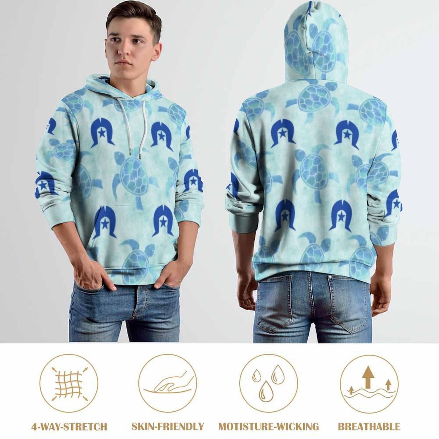 Blue Turtle Pattern on Men's Cool Hoodie with Double-layer Cap
