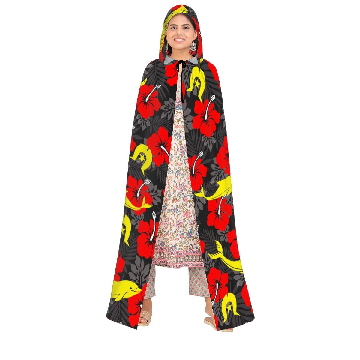 Royal Red Hibiscus with Yellow Dhari, Whale and Dolphin on Hooded Cloak