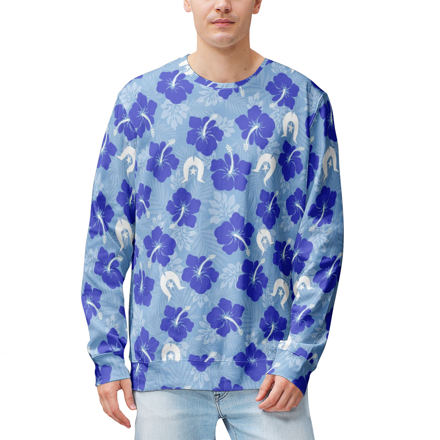 Hibiscus flowers with White Dhari (Sky blue) on Men's Sweatshirt