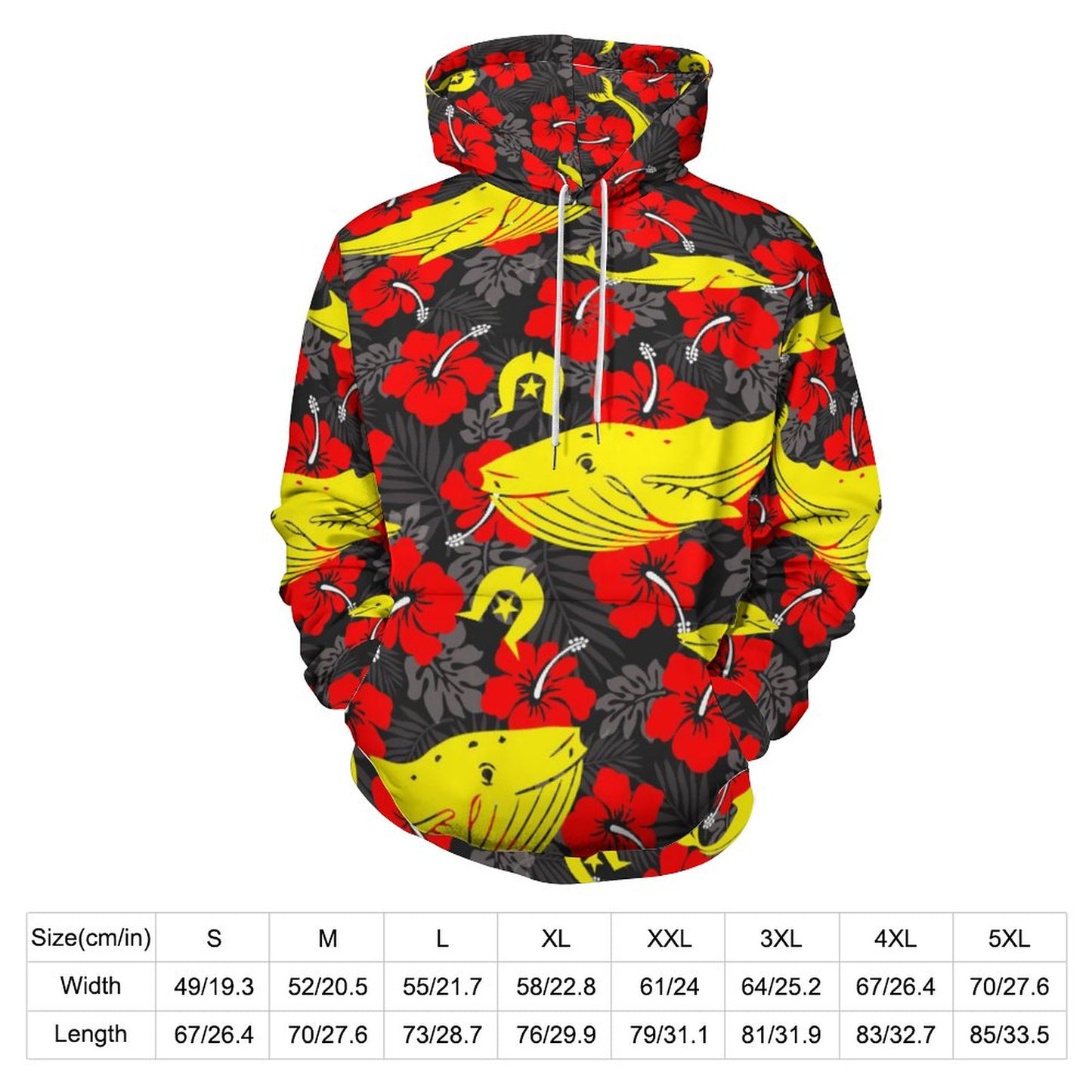 Royal Red Hibiscus with Yellow Dhari, Whale and Dolphin on Lady Hoodie with Double-layer Cap