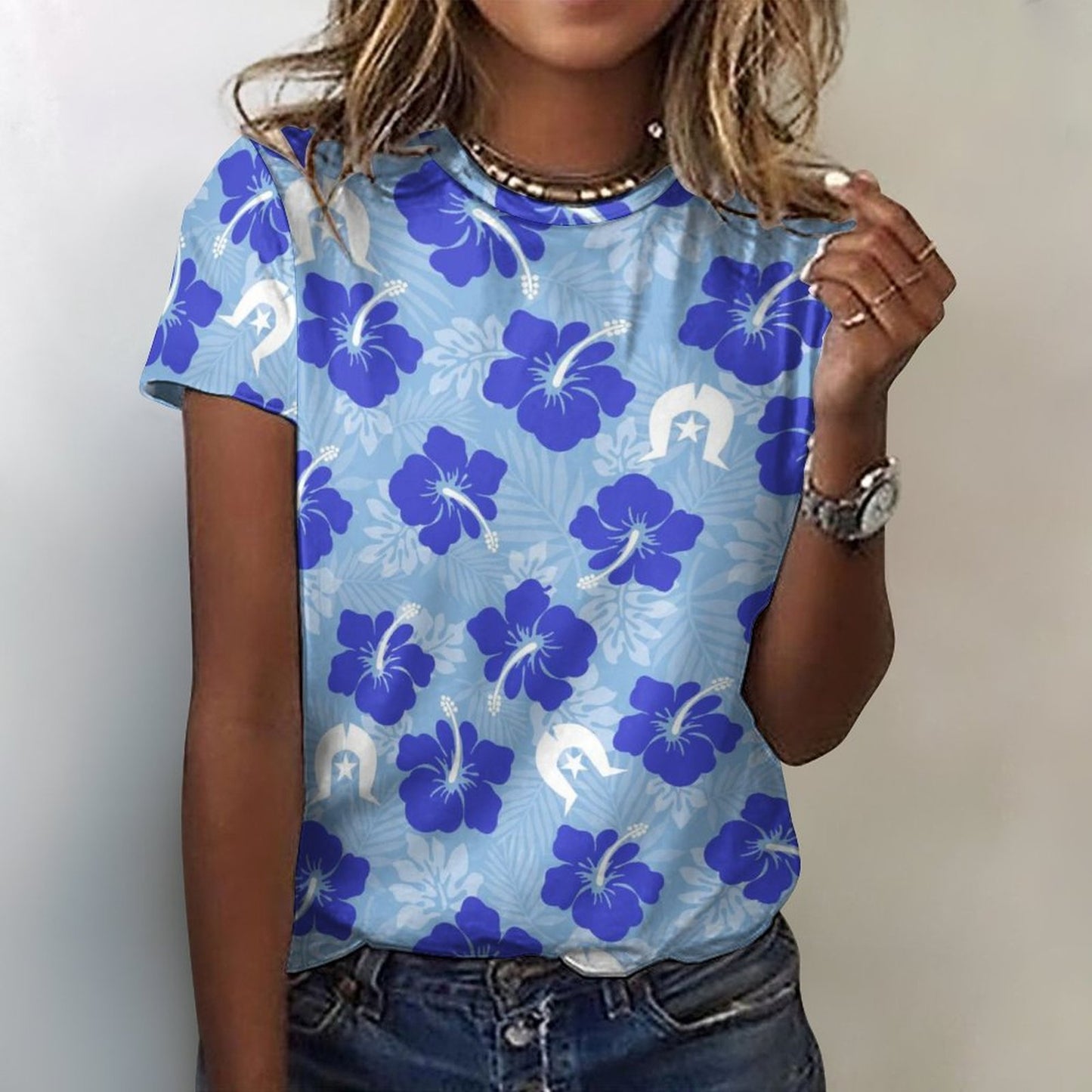 Hibiscus flowers with White Dhari (Sky blue) on Cotton Summer Short Sleeve T-Shirts for Women