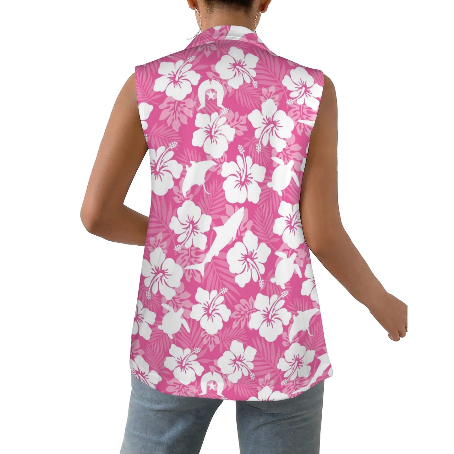 White hibiscus flowers with Dhari, Shark, turtle, and stingray (Pink) on Women Sleeveless Suit Vest