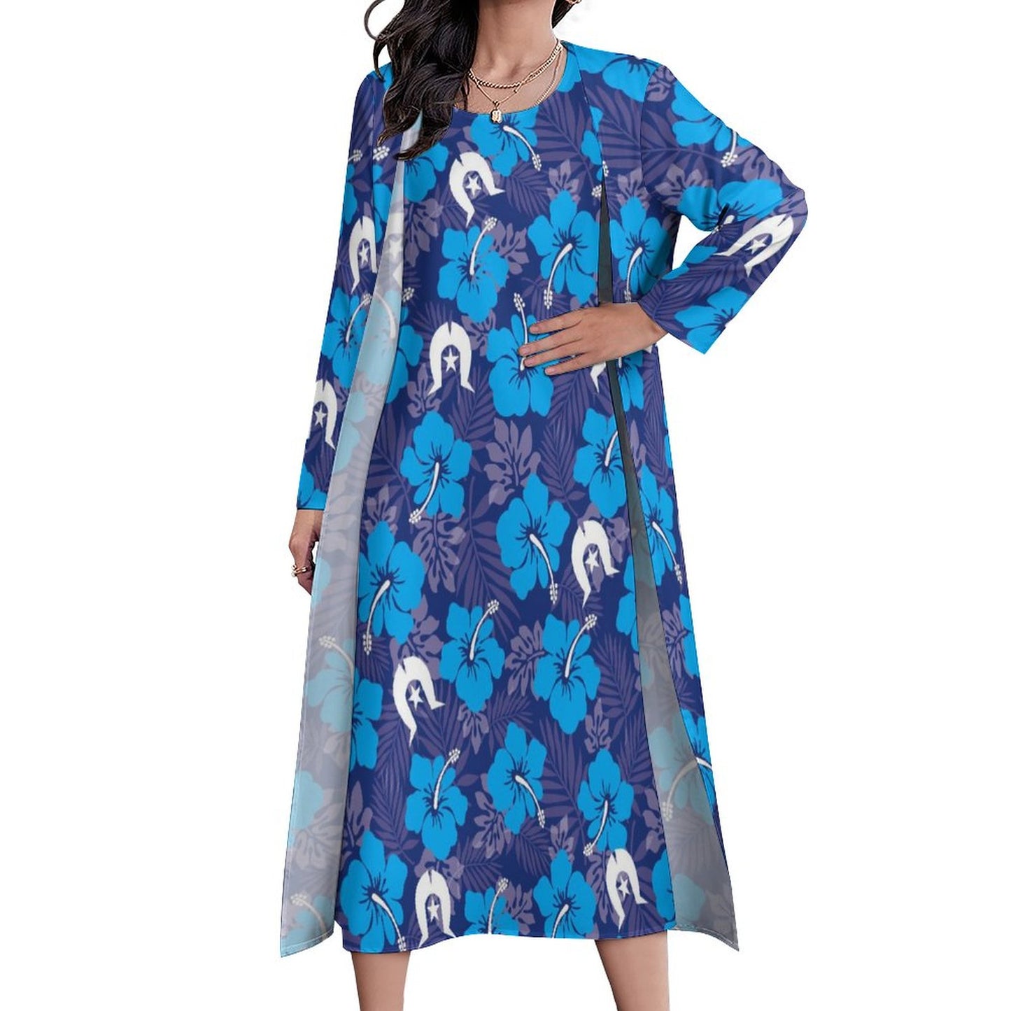 Hibiscus flowers with White Dhari (Royal blue) on Long Dress Set