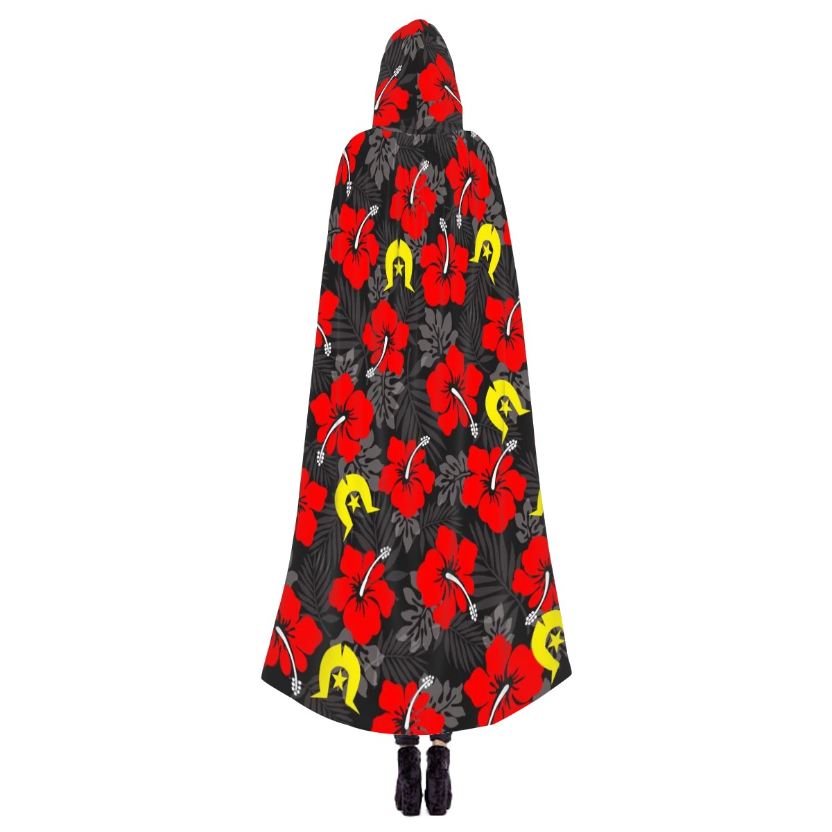 Royal Red Hibiscus with Yellow Dhari on Hooded Cloak