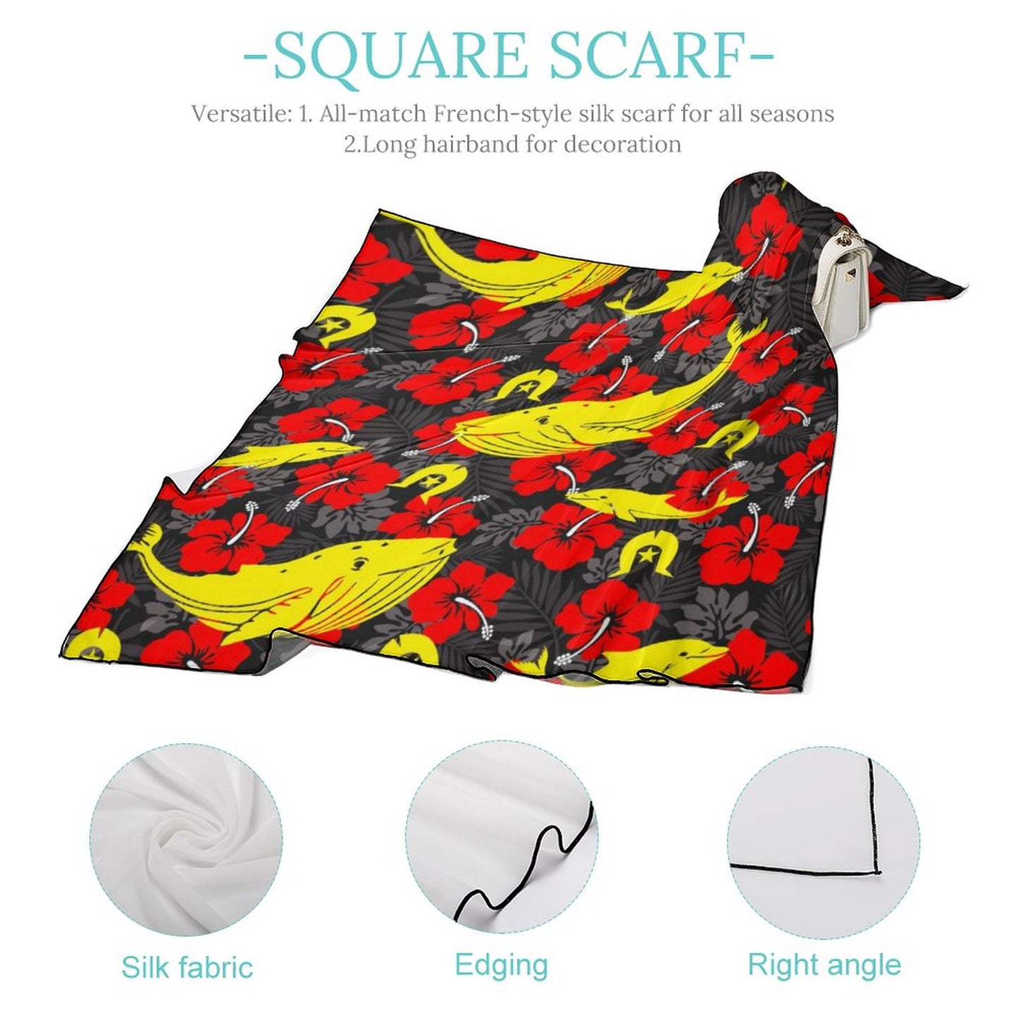 Royal Red Hibiscus with Yellow Dhari, Whale and Dolphin on Women's Scarf
