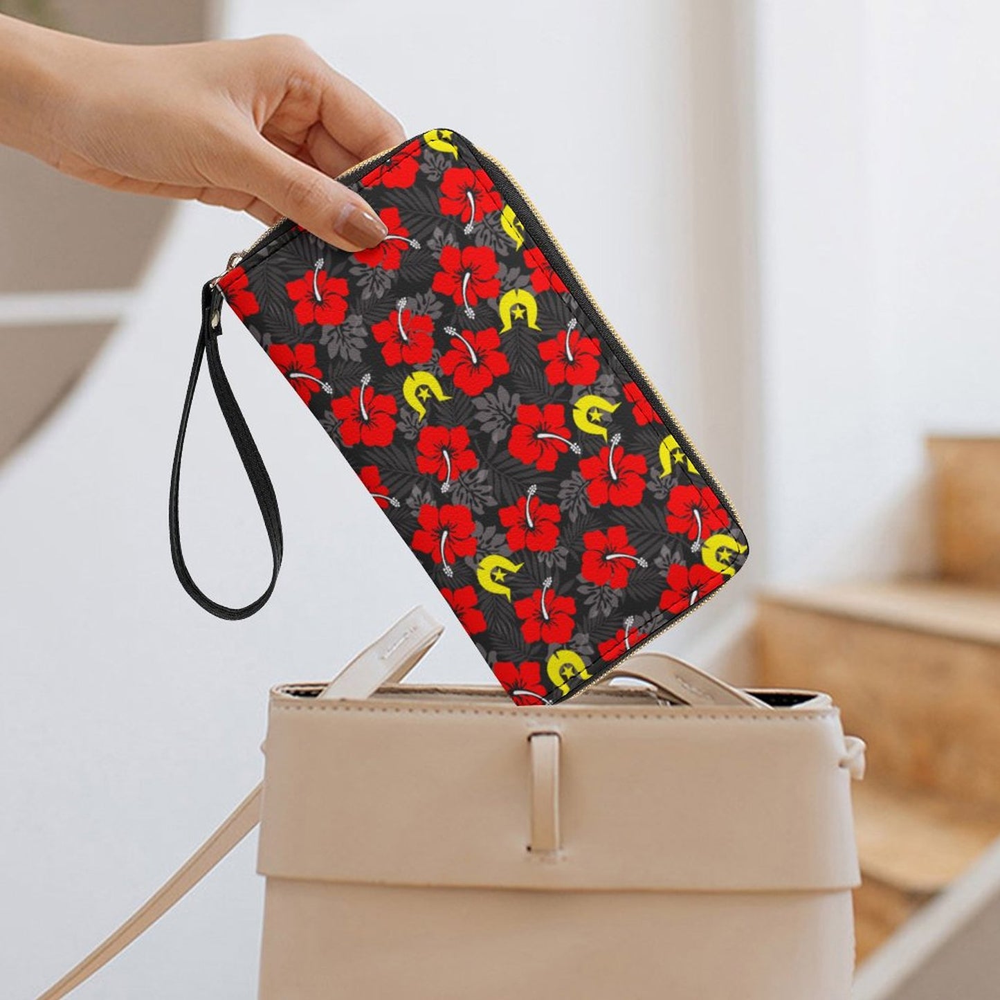 Royal Red Hibiscus with Yellow Dhari on Leather Wallet with Wristlet Strap (2 Pictures on 2 Sides)
