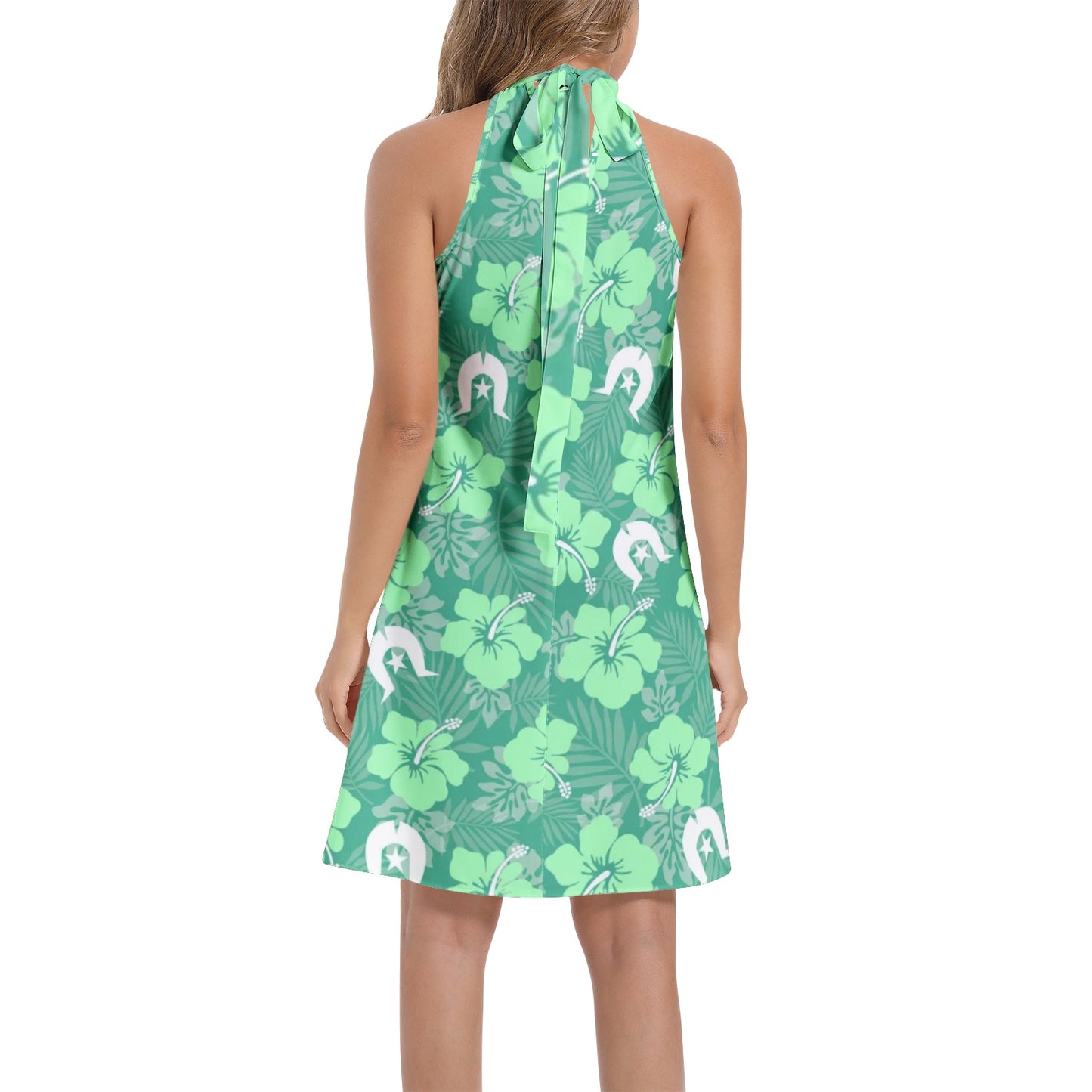 Hibiscus flowers with Dhari (Royal mint) on Tie Back Halter Neck Flared Dress