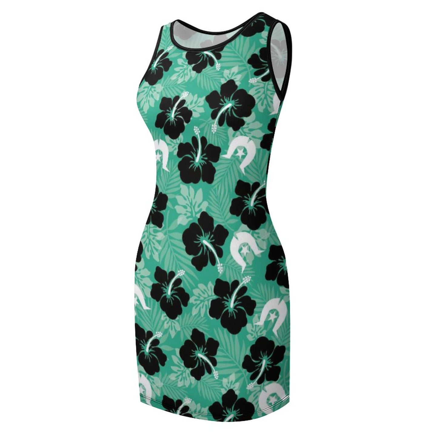 Black Hibiscus with White Dhari on Sleeveless Ladies Tank Dress
