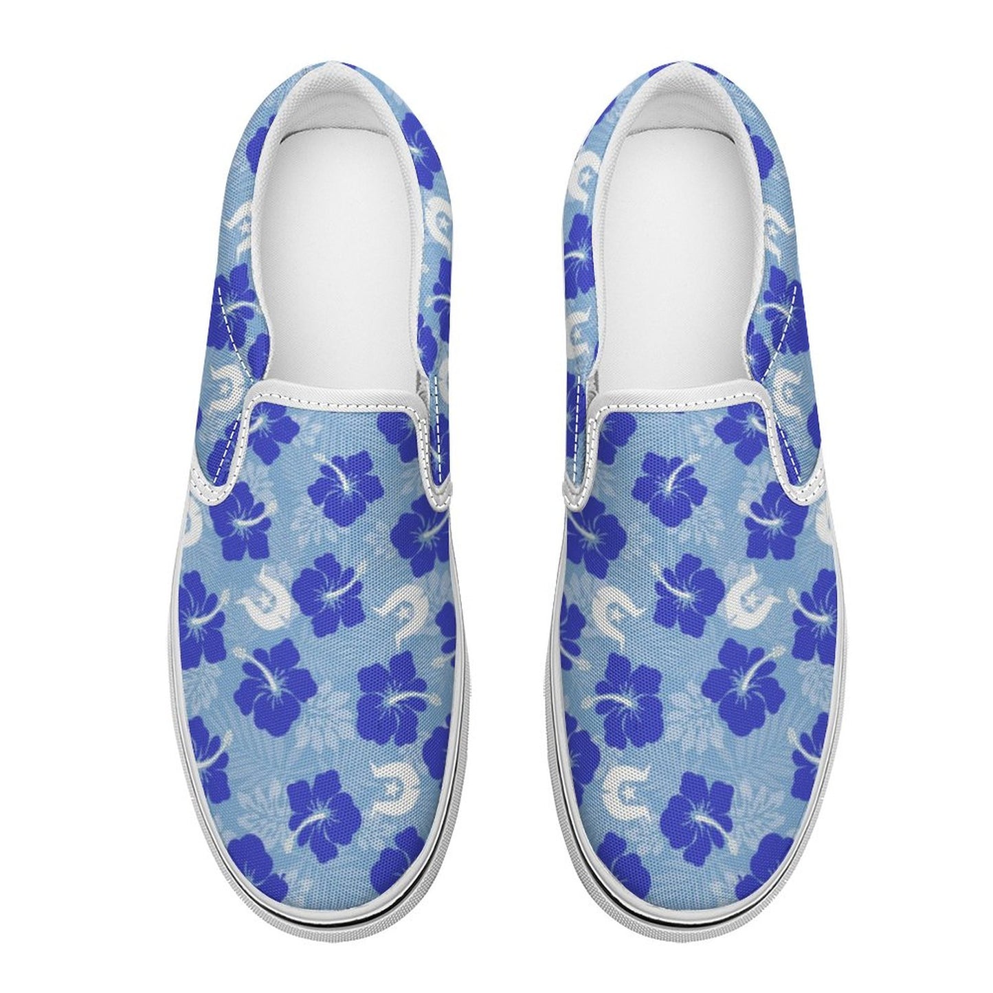 Hibiscus flowers with White Dhari (Sky blue) on Canvas Shoes for Teenagers
