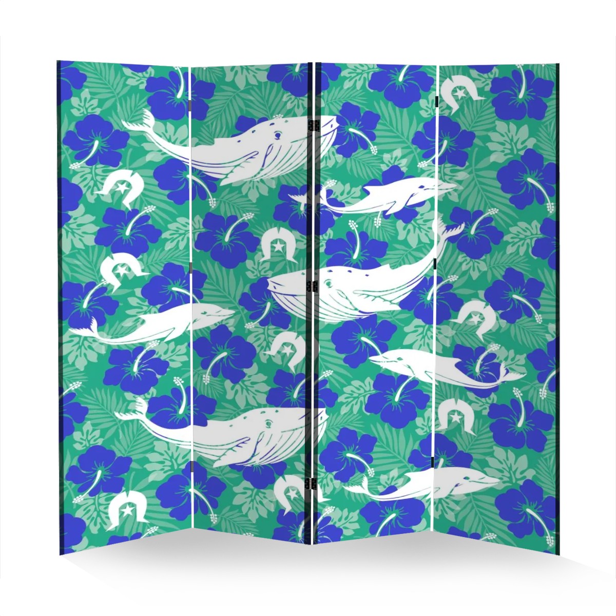 Royal Blue Hibiscus flowers with Whale, Dolphin and Dhari on Room Divider Folding Screen 4 Panel