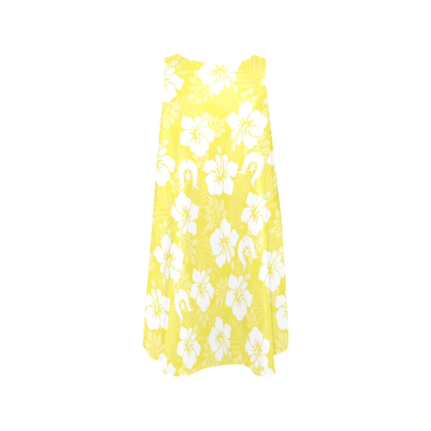 White Hibiscus flowers with Dhari (Yellow) on Sleeveless Tank Dress with Pockets