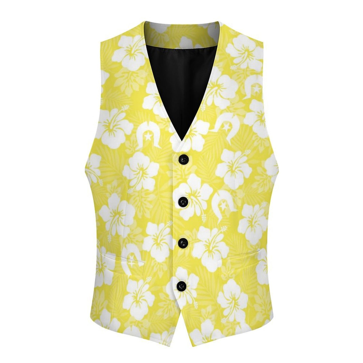 White Hibiscus flowers with Dhari (Yellow) on Men's Sleeveless Suit Vest