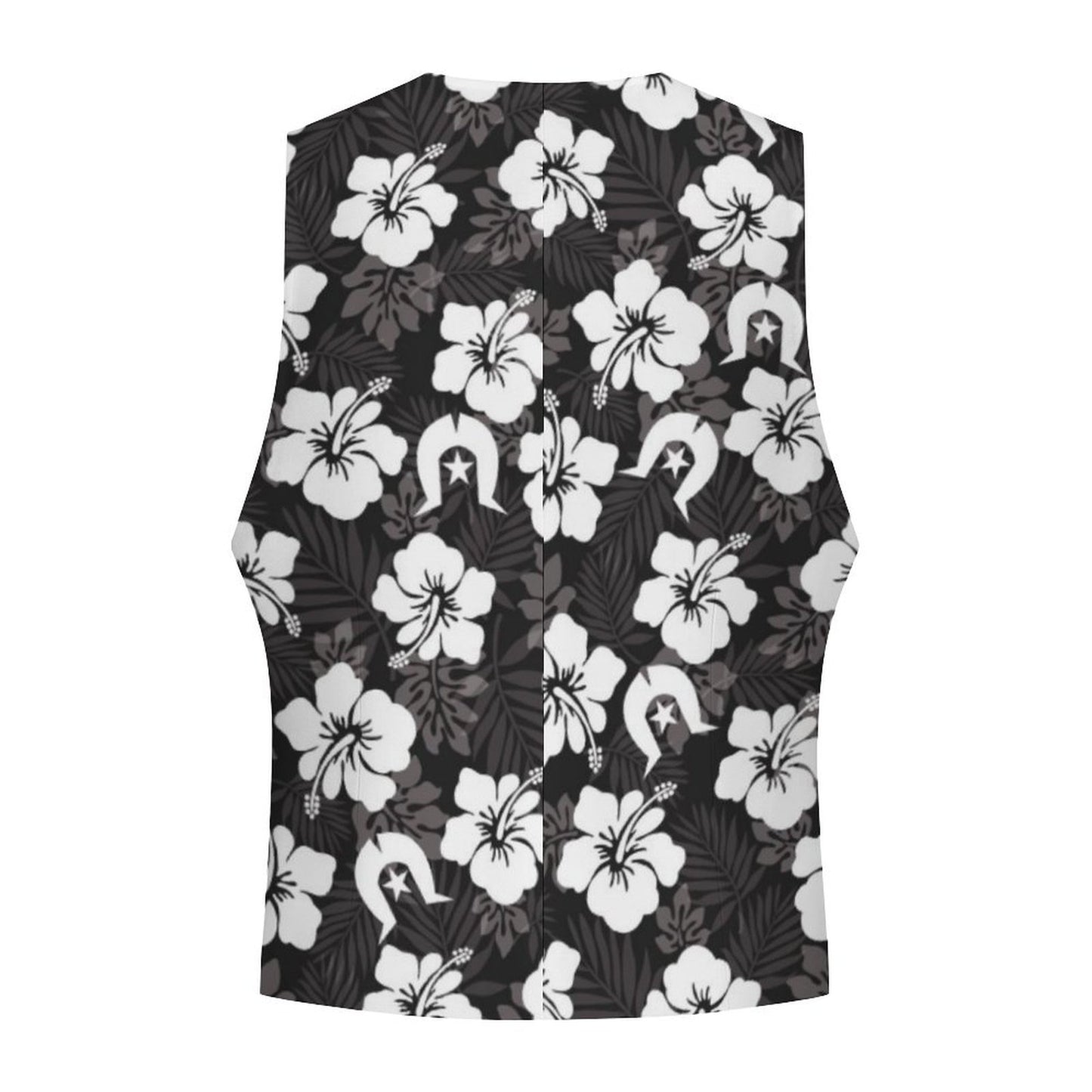 White Hibiscus and Dhari (Black) on Men's Sleeveless Suit Vest