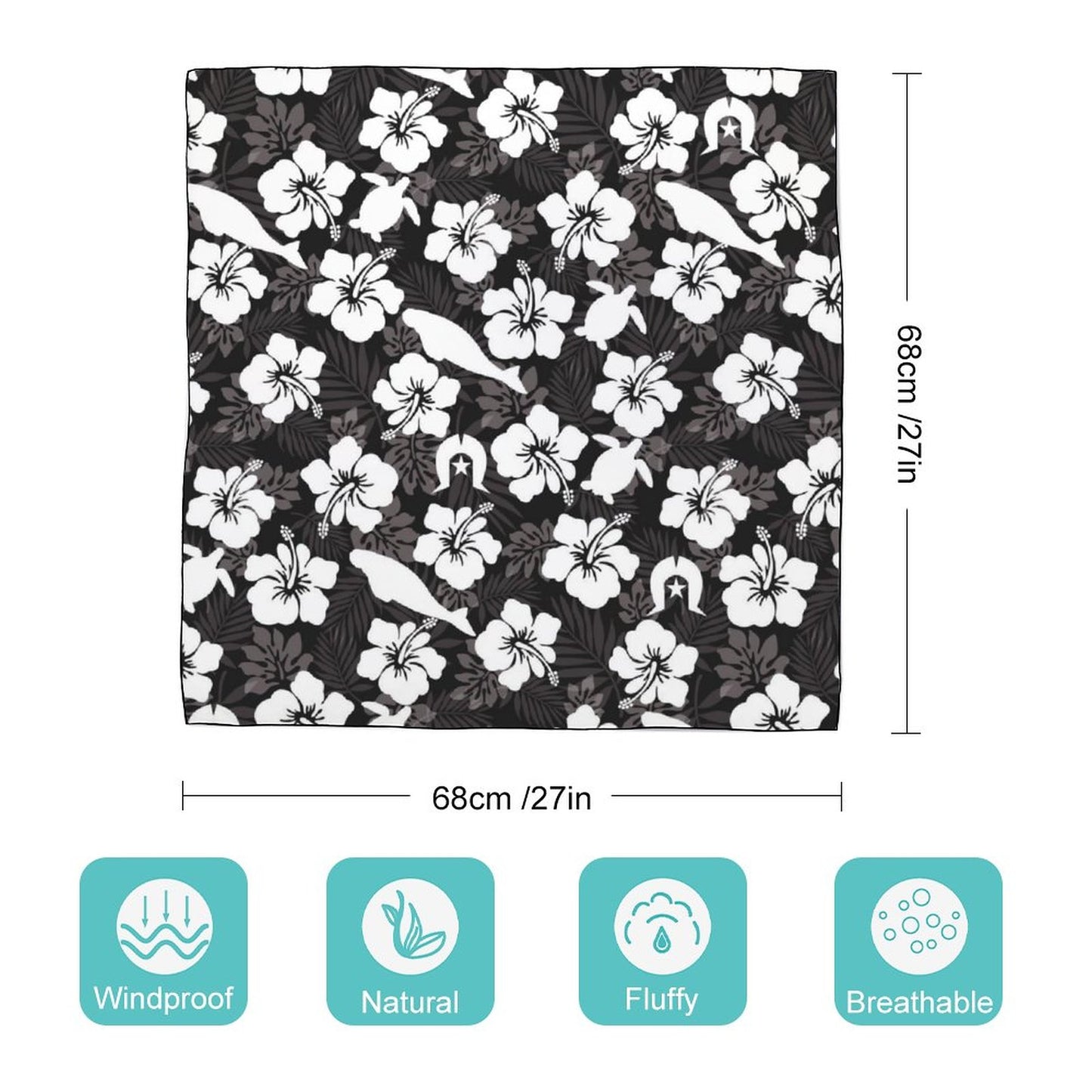 White Hibiscus flowers with Dugong, Turtle and Dhari (Black) on Women's Scarf