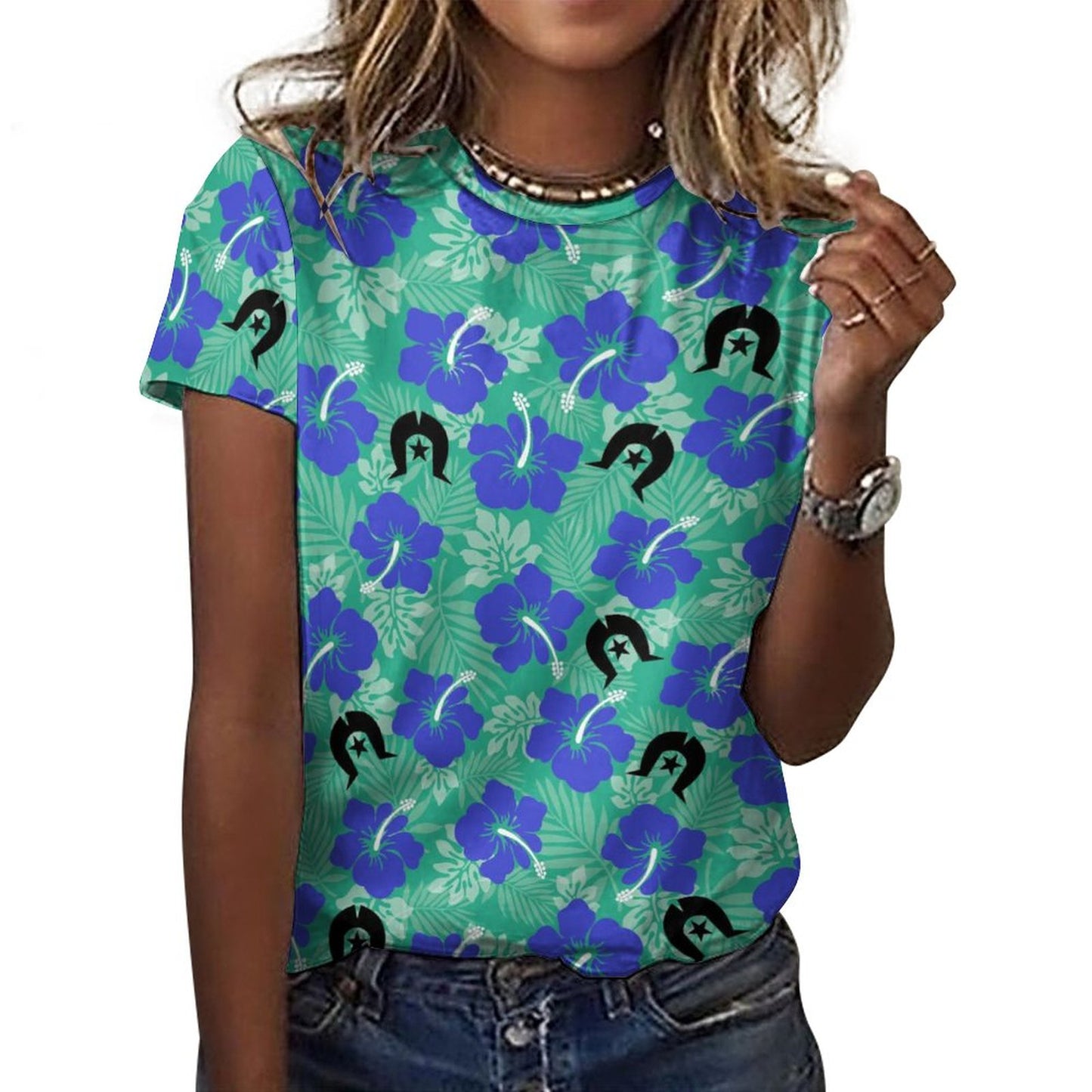 Royal Blue Hibiscus flowers with Black Dhari on Cotton Summer Short Sleeve T-Shirts for Women