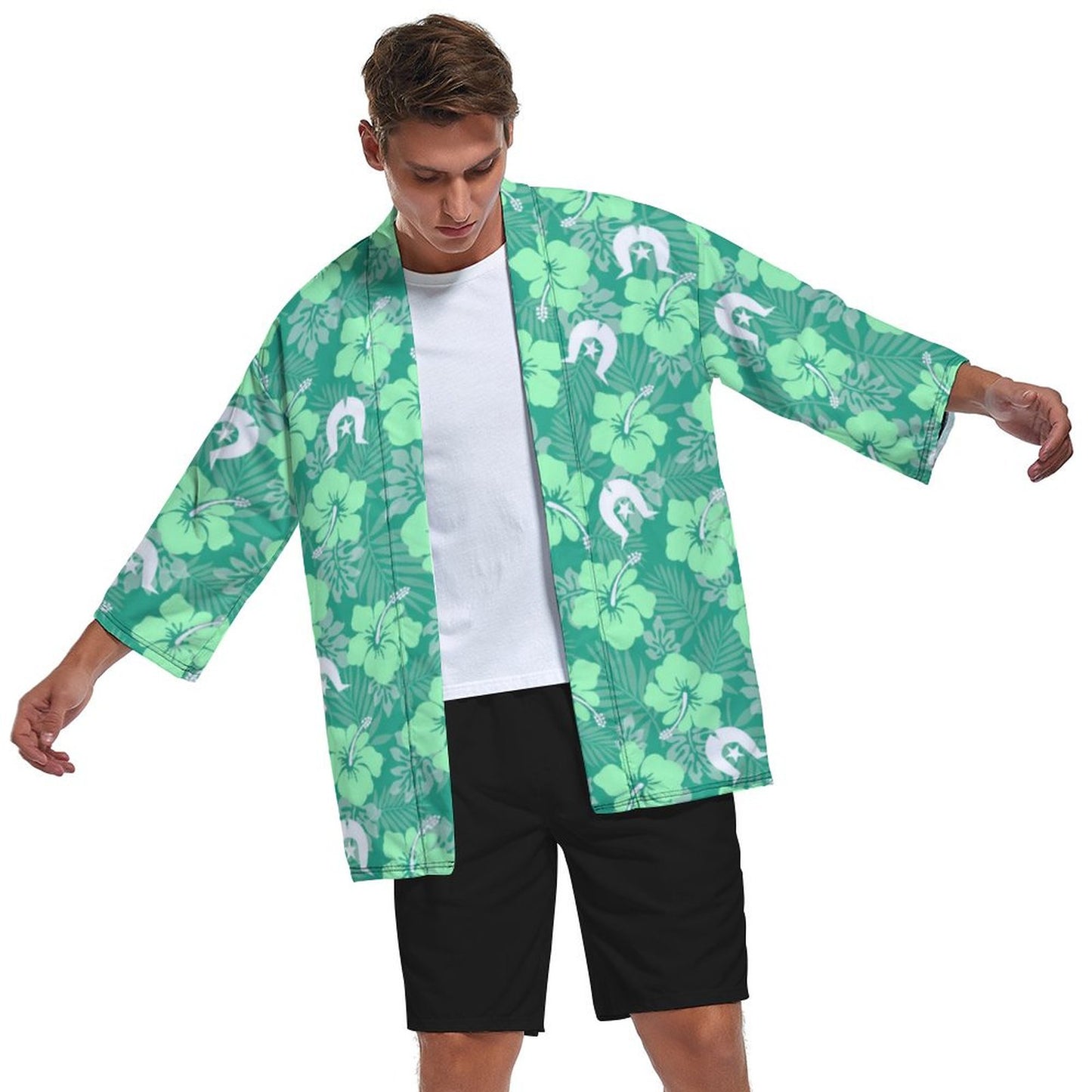 Hibiscus flowers with Dhari (Royal mint) on Drop Shoulder Male Kimono Cardigan