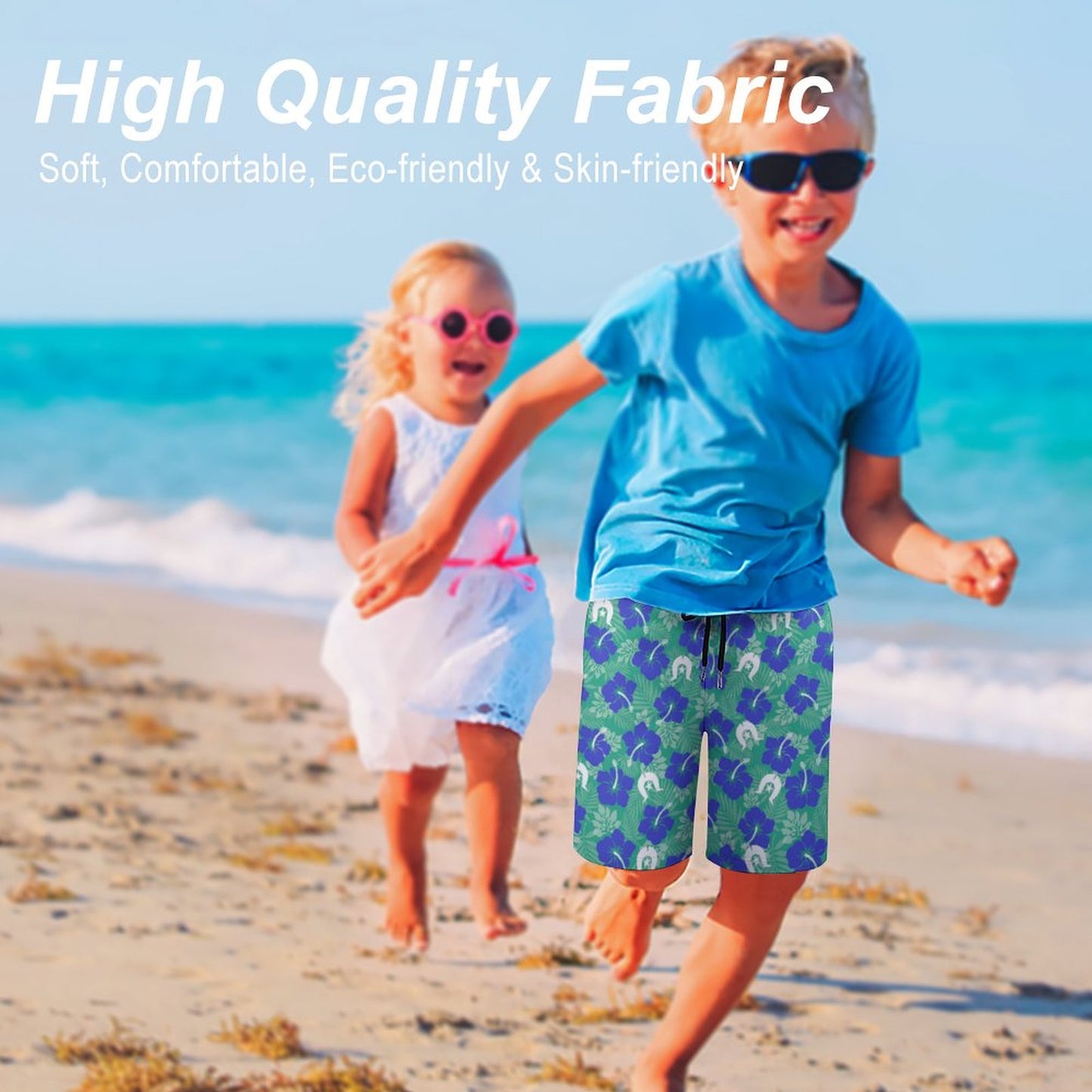 Royal Blue Hibiscus flowers with Dhari on Kid's Beach Pants