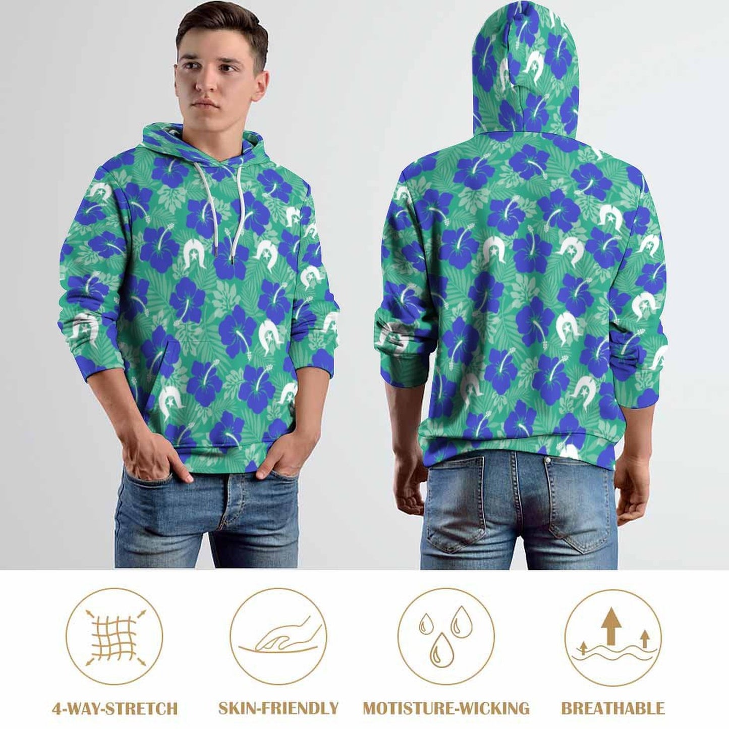 Royal Blue Hibiscus flowers with Dhari on Men's Cool Hoodie with Double-layer Cap