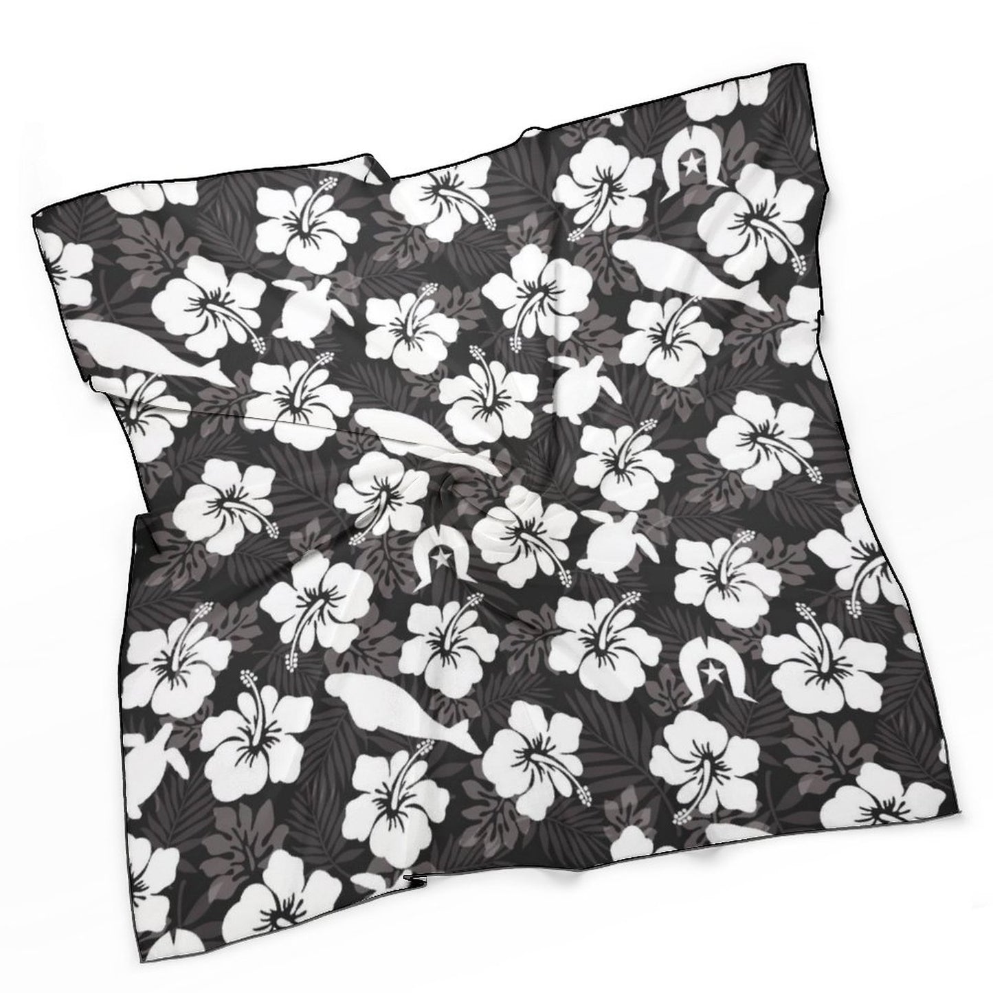 White Hibiscus flowers with Dugong, Turtle and Dhari (Black) on Women's Scarf