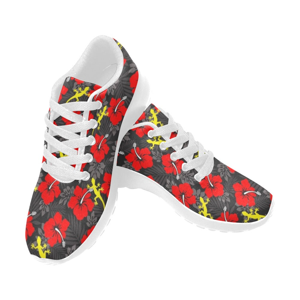 Royal Red Hibiscus flowers with Gecko on Kid's Sneakers