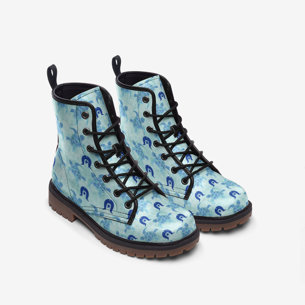 Blue Turtle Pattern on Casual Leather Lightweight Boots