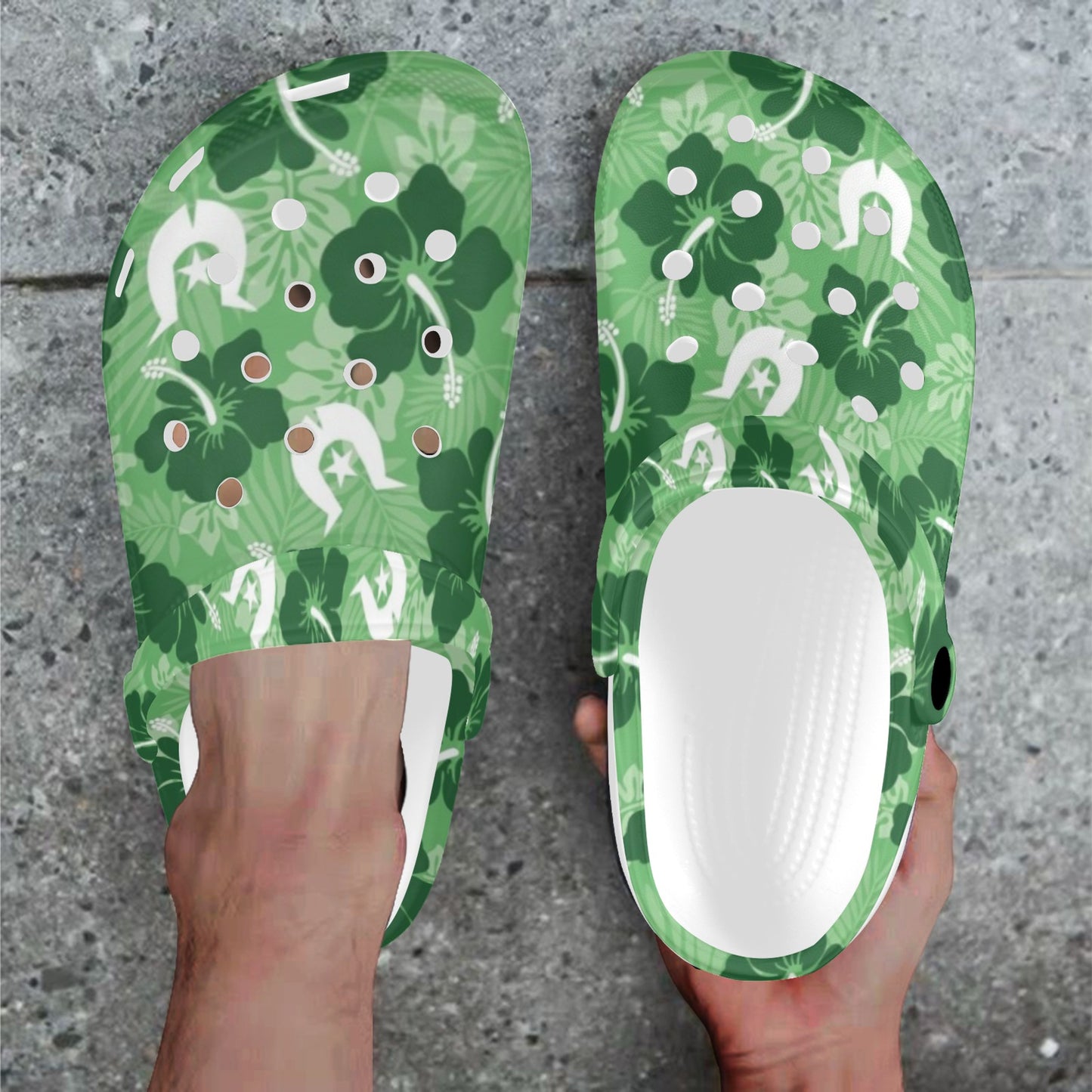 Hibiscus flowers with Dhari (Sea Grass Green) on Adults Clogs