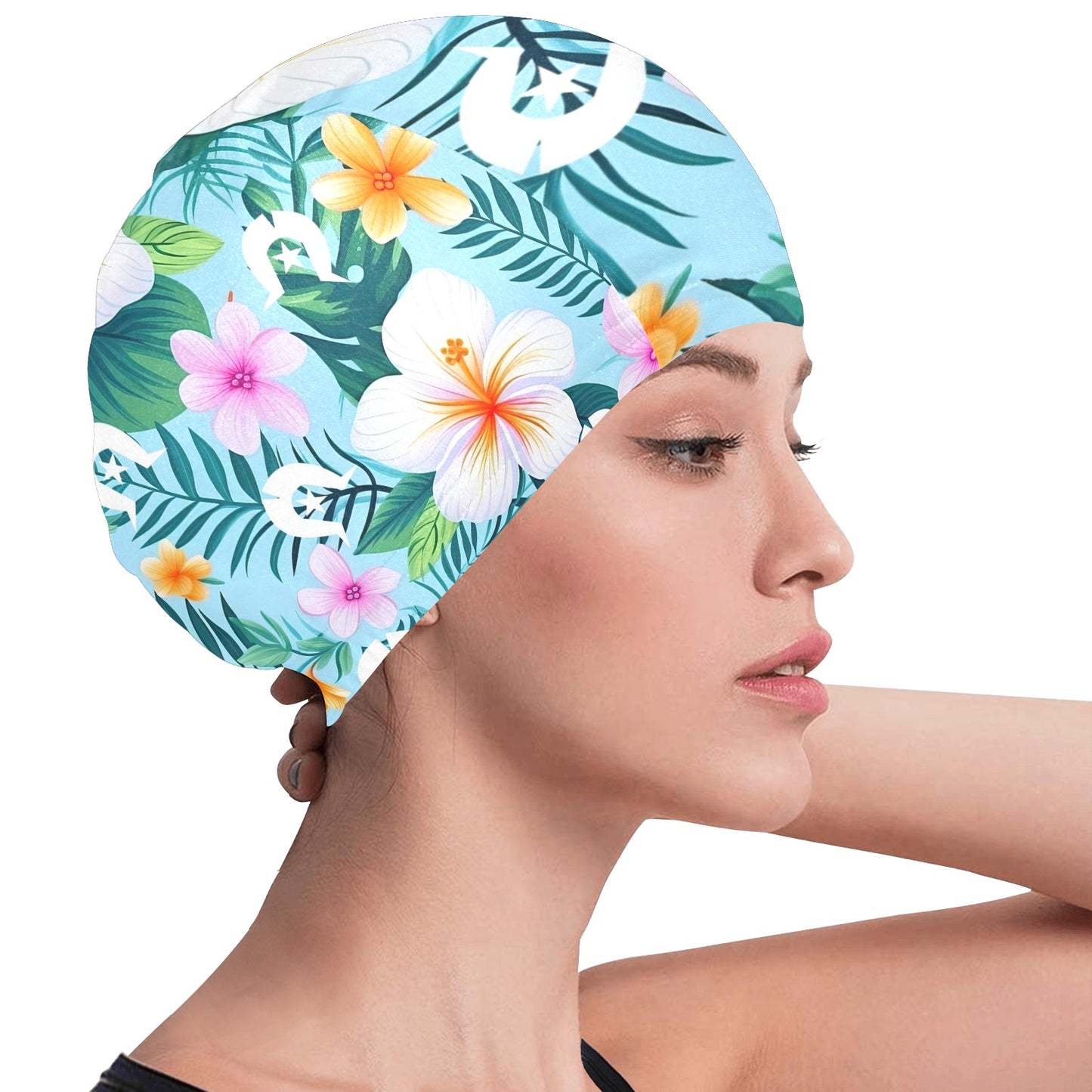 Light Pink Hibiscus flowers with White Dhari on Swimming Cap