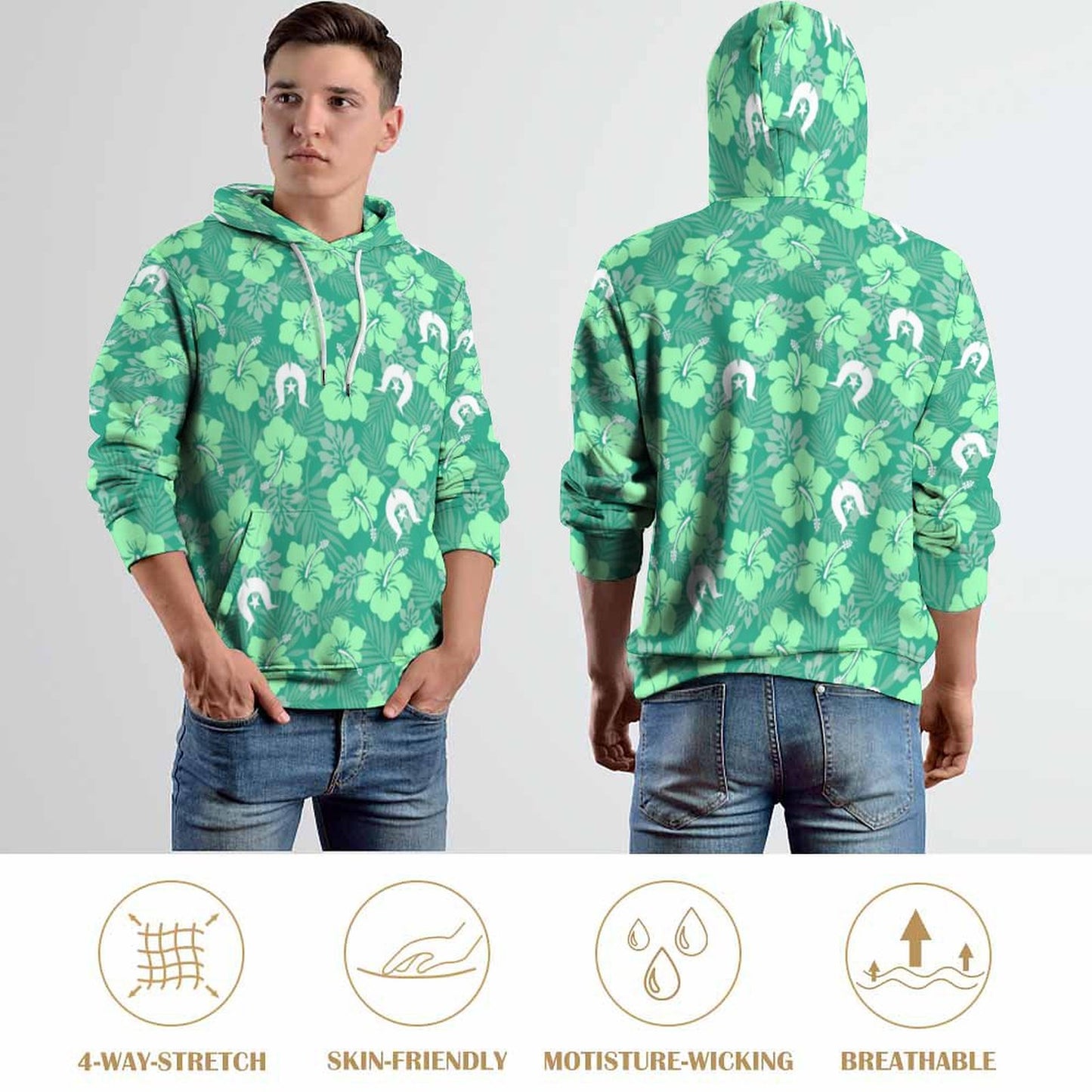 Hibiscus flowers with Dhari (Royal mint) on Men's Cool Hoodie with Double-layer Cap