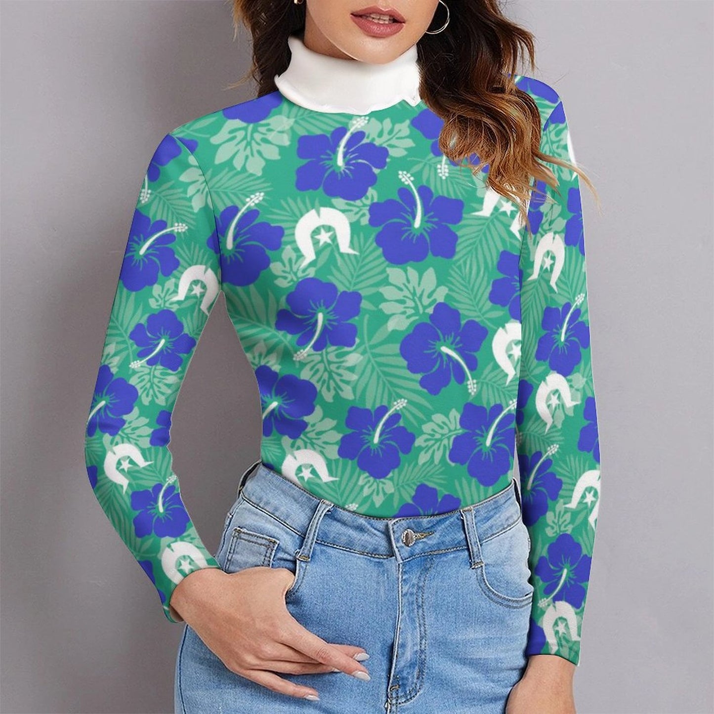 Royal Blue Hibiscus flowers with Dhari on Women Long Sleeve Turtleneck Sweater