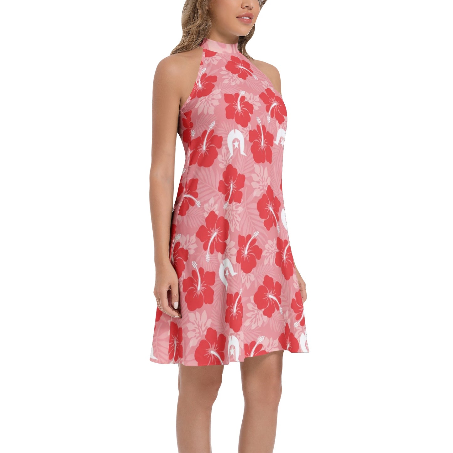 Hibiscus flowers with Dhari (Royal Pink) on Tie Back Halter Neck Flared Dress