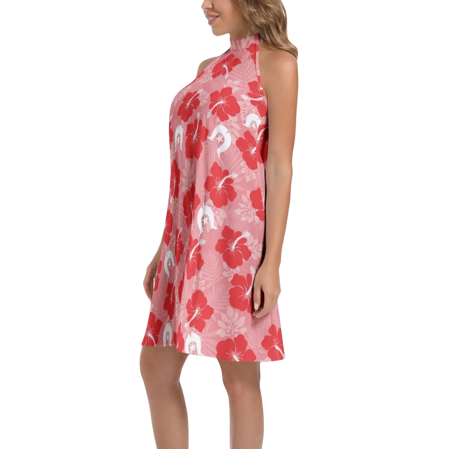 Hibiscus flowers with Dhari (Royal Pink) on Tie Back Halter Neck Flared Dress