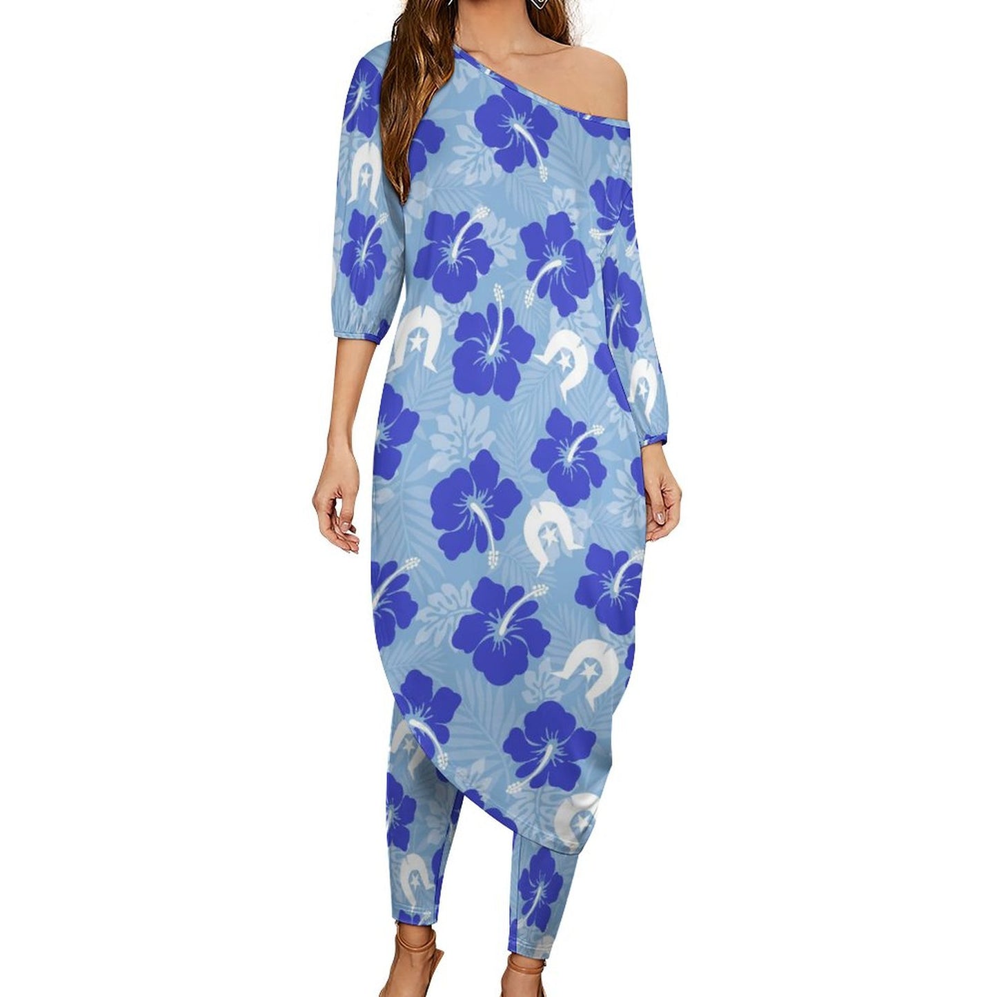 Hibiscus flowers with White Dhari (Sky blue) on Diagonal Shoulder Two Piece Set