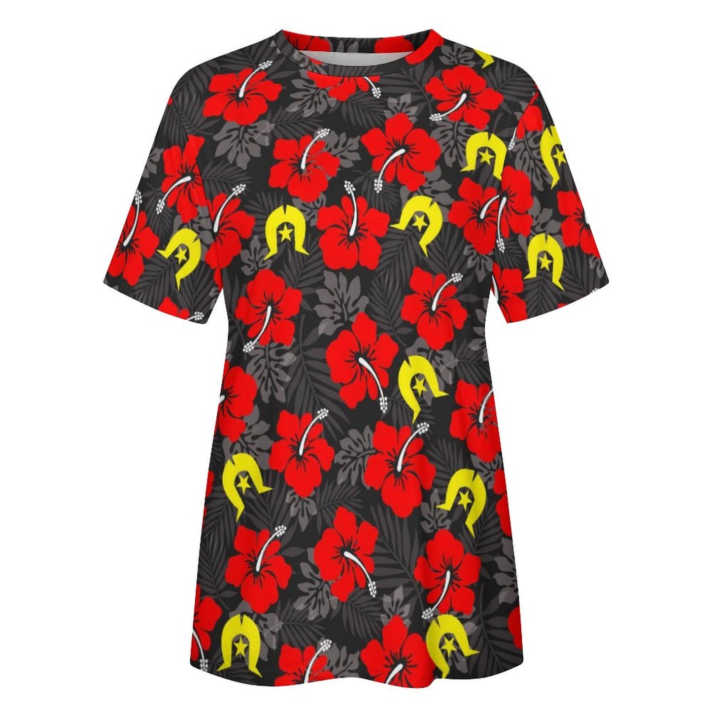 Royal Red Hibiscus with Yellow Dhari on Cotton Summer Short Sleeve T-Shirts for Women