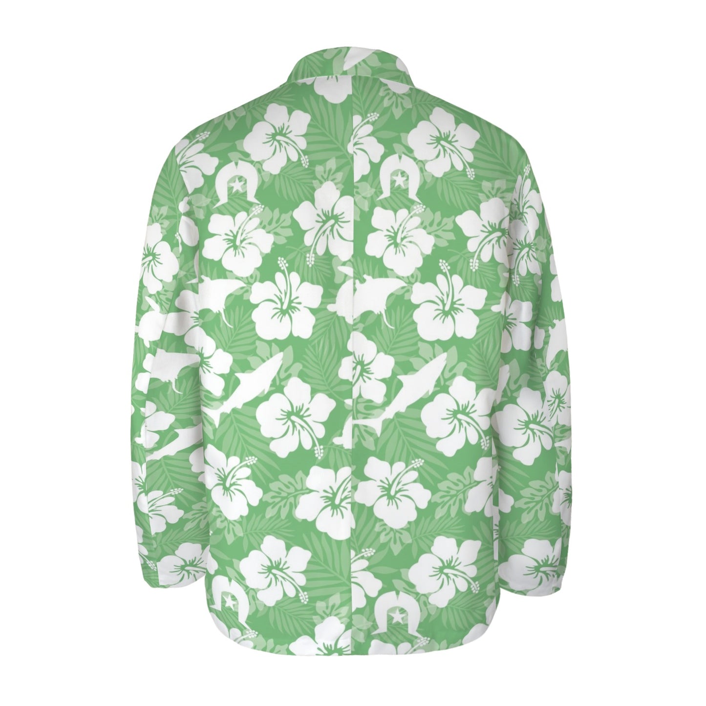 White hibiscus flowers with Dhari, Shark, turtle, and stingray (Green) on Men's Blazer