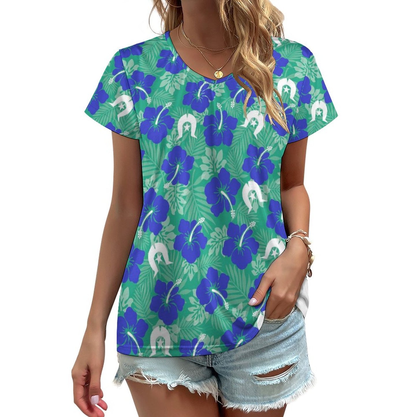 Royal Blue Hibiscus flowers with Dhari on V-neck Short Sleeve T-Shirt