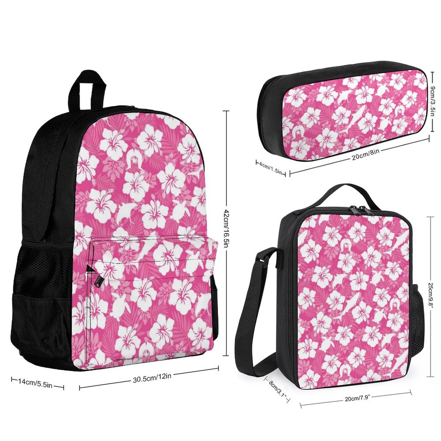 White hibiscus flowers with Dhari, Shark, turtle, and stingray (Pink) on Set of 3 Bags (Shoulder Bag Lunch Bag & Pencil Pouch)