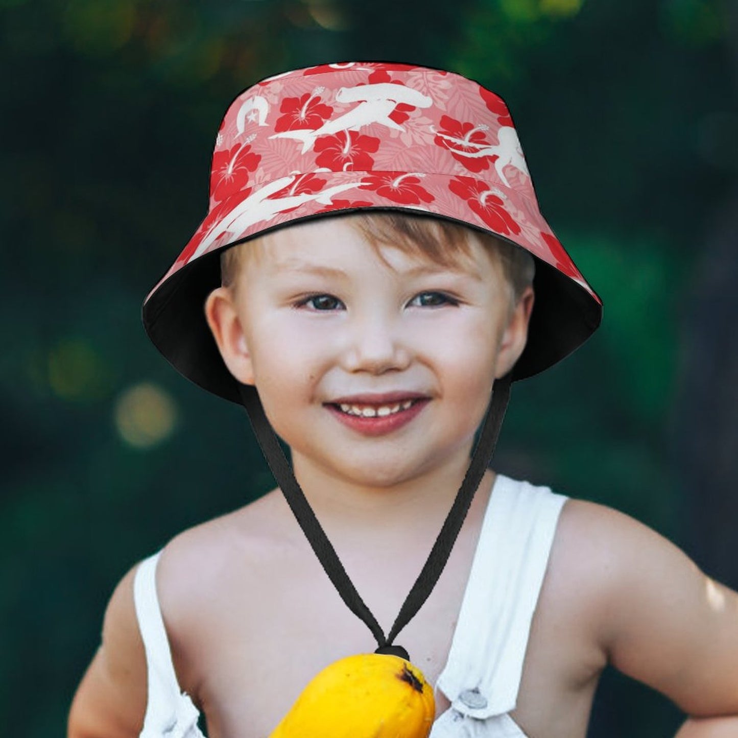 Red Hibiscus with Shark, Octopus and Dhari on Kid's Bucket Hat