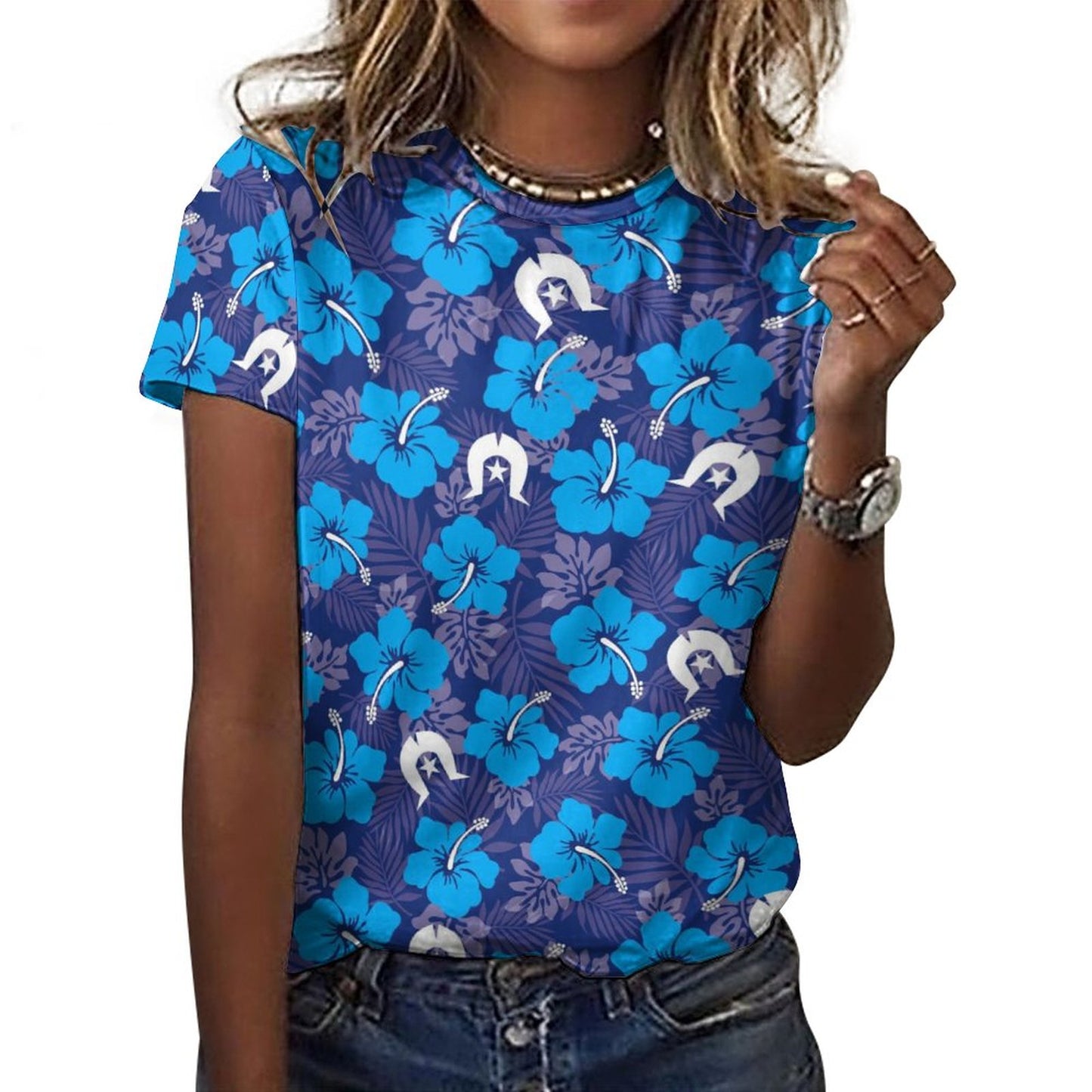 Hibiscus flowers with White Dhari (Royal blue) on Cotton Summer Short Sleeve T-Shirts for Women
