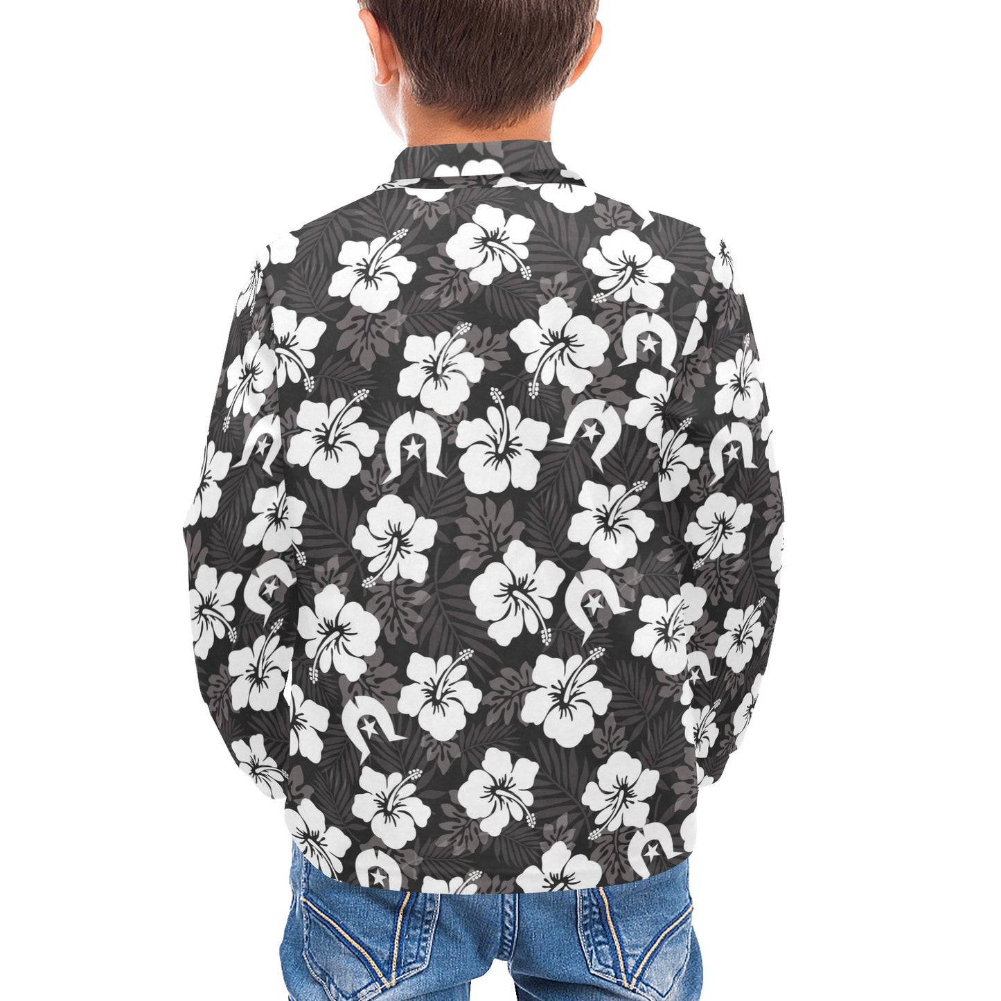 White Hibiscus and Dhari (Black) on Little Boys' Long Sleeve Polo Shirt