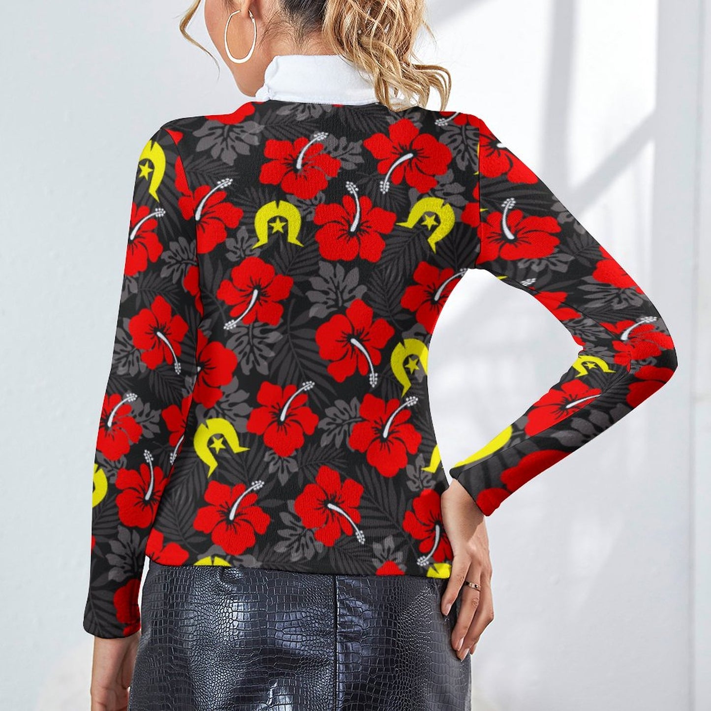 Royal Red Hibiscus with Yellow Dhari on Women Long Sleeve Turtleneck Sweater
