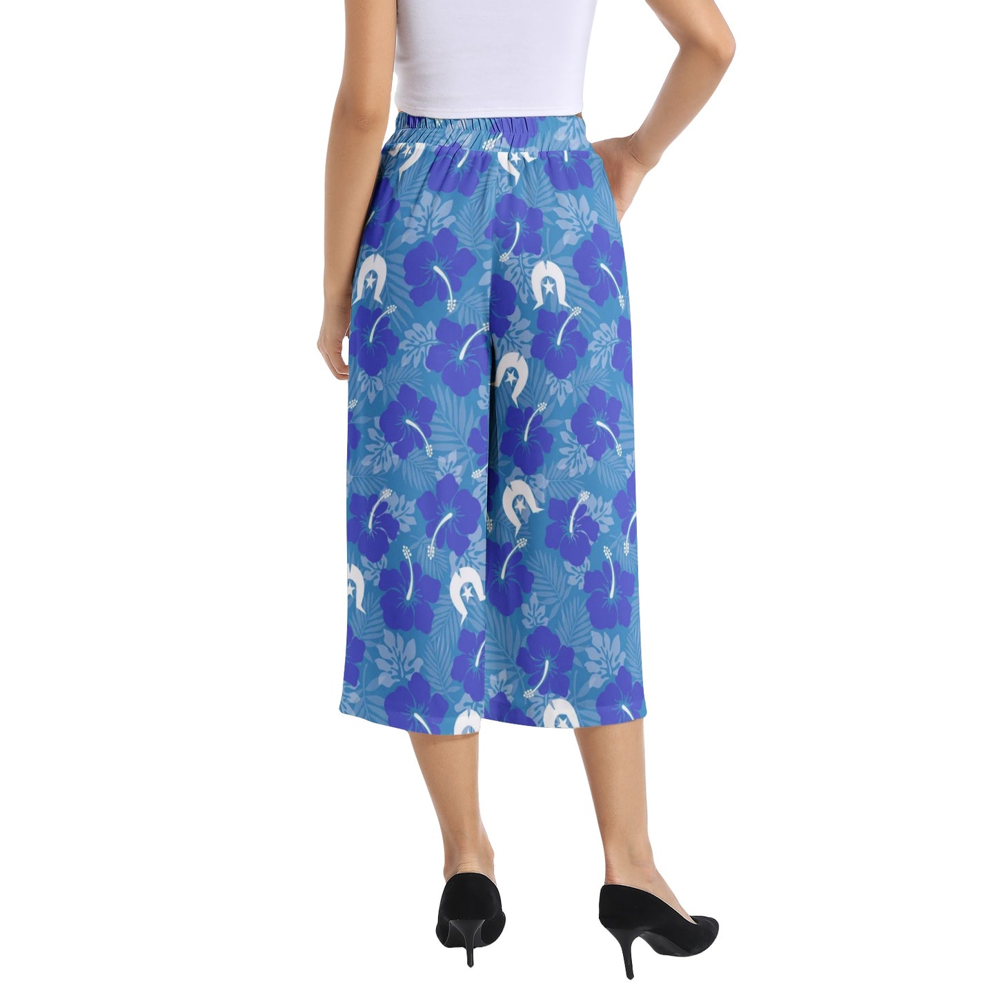 Hibiscus flowers with Dhari (Royal blue) on Elastic Waist Capris Wide Leg Pant