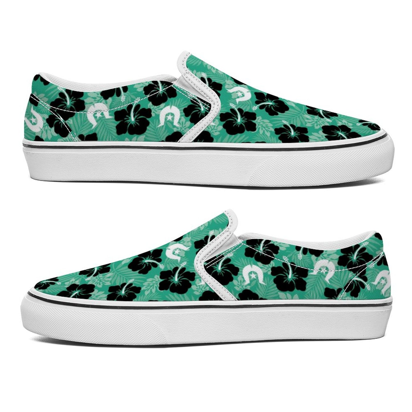 Black Hibiscus with White Dhari on Canvas Shoes for Teenagers