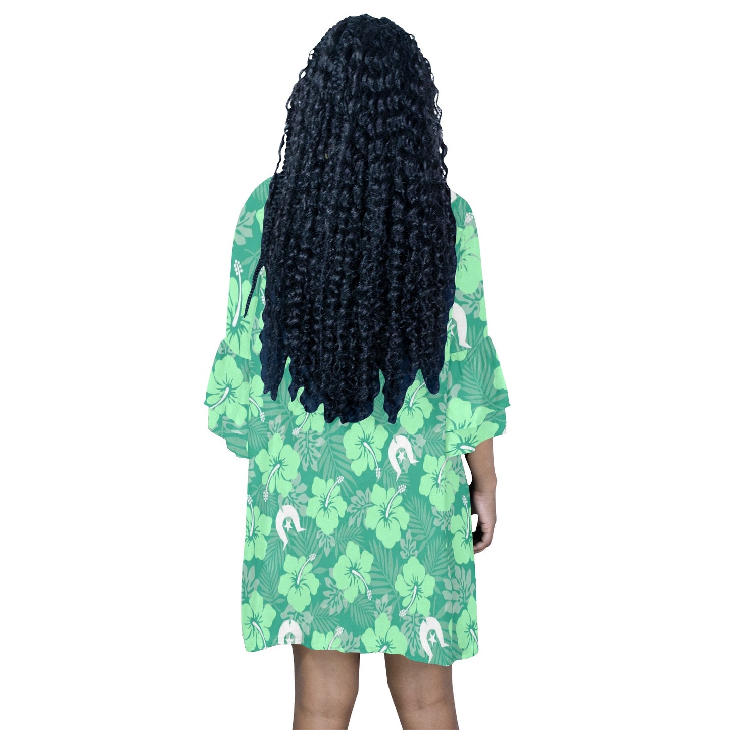 Hibiscus flowers with Dhari (Royal mint) on Half Sleeves V-Neck Mini Dress
