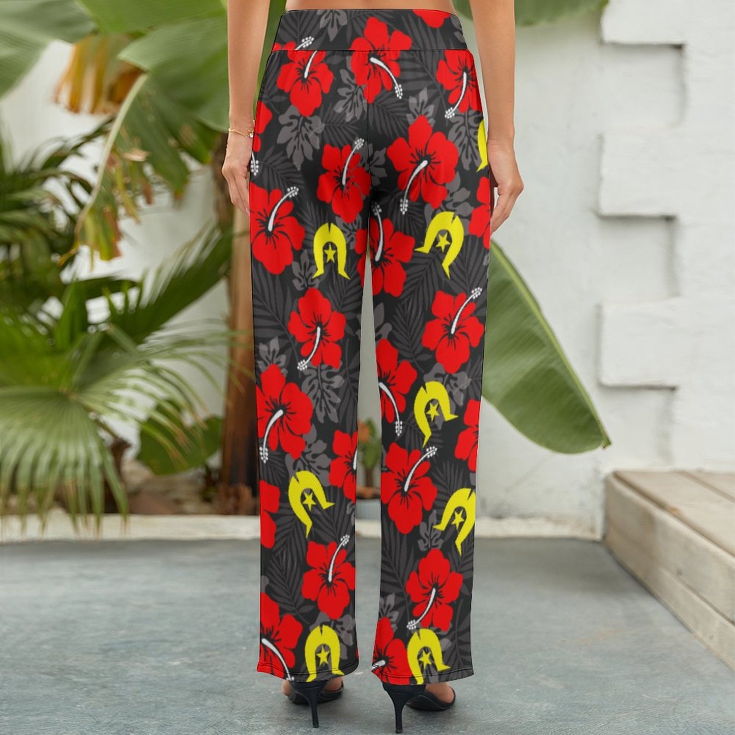 Royal Red Hibiscus with Yellow Dhari on Baggy Pants for Women